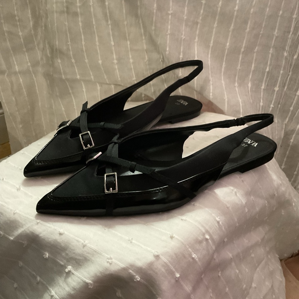 Zara Black Pointed-Toe Slingback Flats
